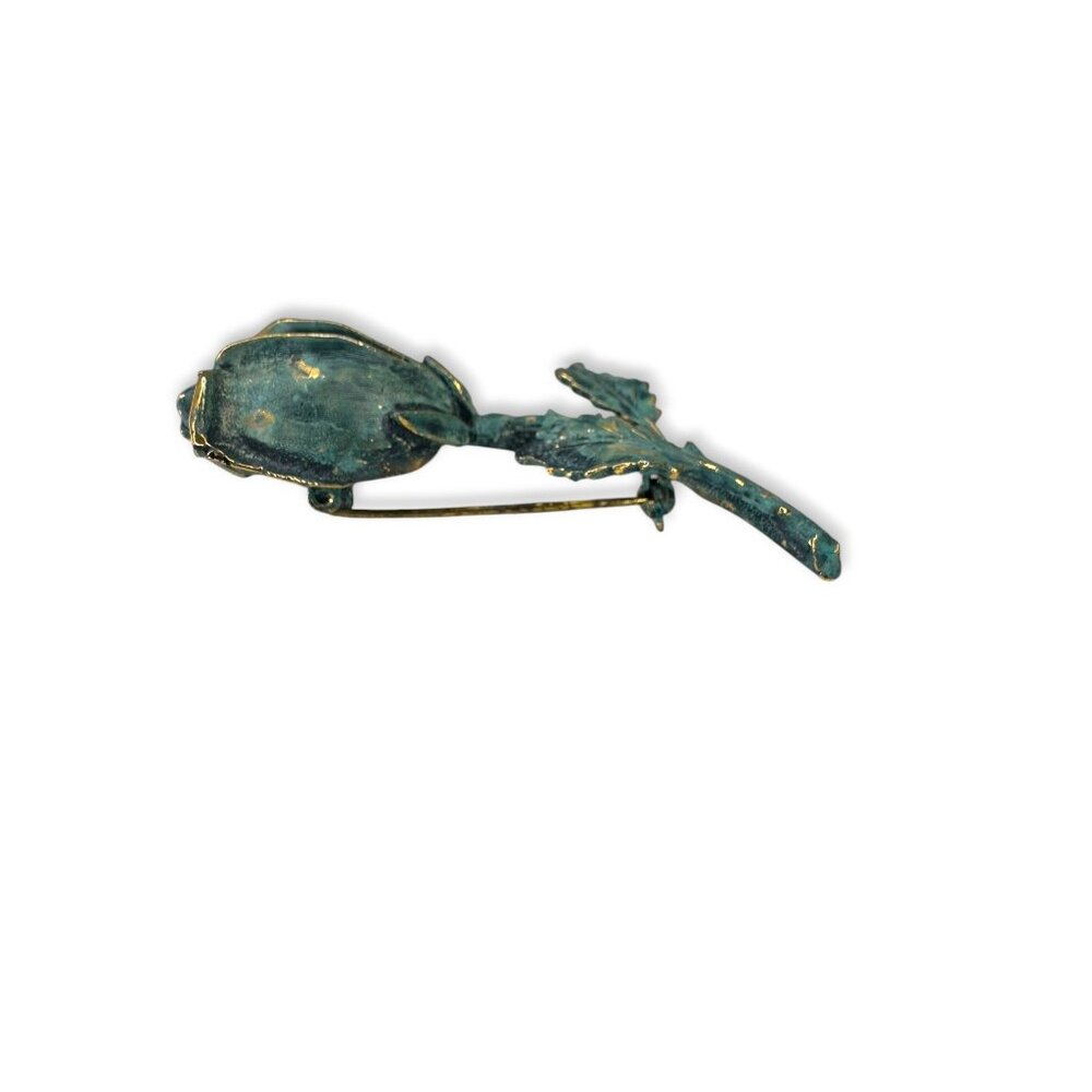 Exquisite Vintage Gold Tone Teal Enamel Rose Flower Brooch Vintage 1960s 70s - Picture 8 of 9